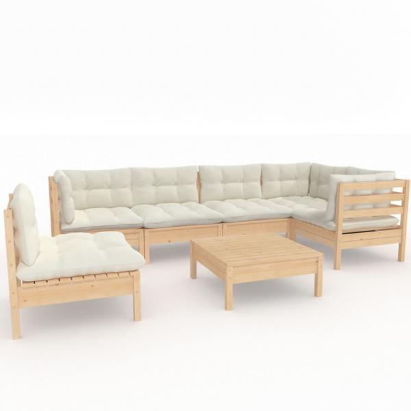 7-tlg. Garten-Lounge-Set mit Creme Kissen Kiefernholz