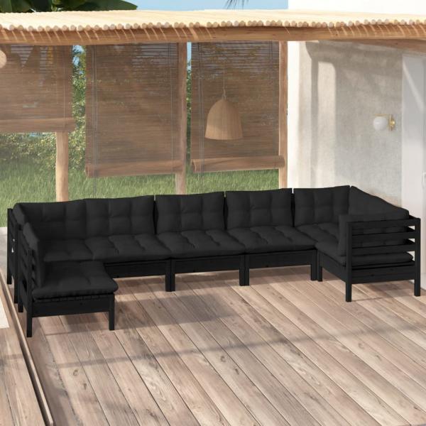 ARDEBO.de - 7-tlg. Garten-Lounge-Set mit Kissen Schwarz Kiefernholz