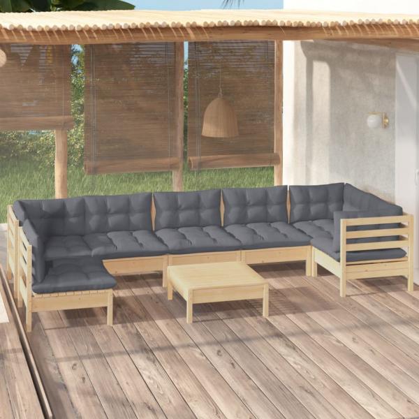 ARDEBO.de - 8-tlg. Garten-Lounge-Set mit Grauen Kissen Kiefernholz