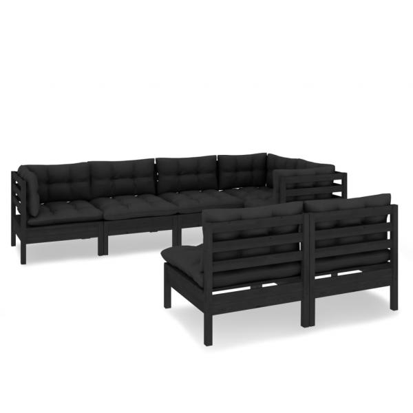 7-tlg. Garten-Lounge-Set mit Kissen Schwarz Kiefer Massivholz