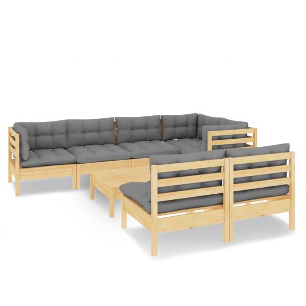 8-tlg. Garten-Lounge-Set mit Grauen Kissen Kiefer Massivholz