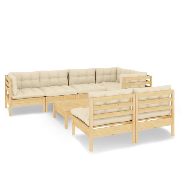 8-tlg. Garten-Lounge-Set mit Creme Kissen Massivholz Kiefer