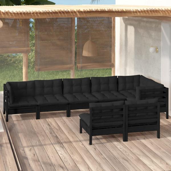 ARDEBO.de - 8-tlg. Garten-Lounge-Set mit Kissen Schwarz Massivholz Kiefer