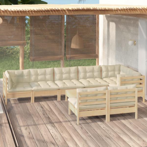 ARDEBO.de - 9-tlg. Garten-Lounge-Set mit Creme Kissen Massivholz Kiefer