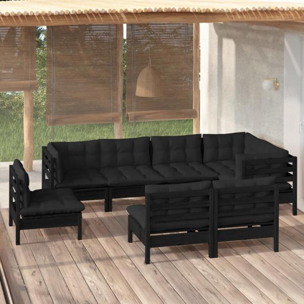 ARDEBO.de - 8-tlg. Garten-Lounge-Set mit Kissen Schwarz Massivholz Kiefer