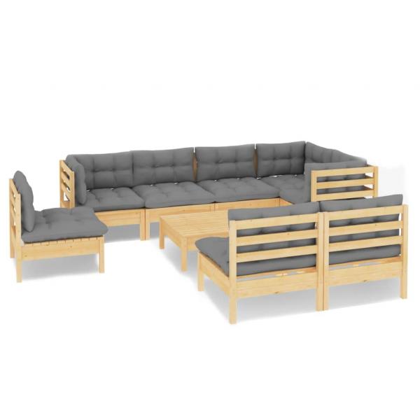 9-tlg. Garten-Lounge-Set mit Grauen Kissen Kiefer Massivholz