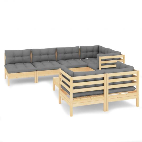 8-tlg. Garten-Lounge-Set mit Grauen Kissen Kiefer Massivholz