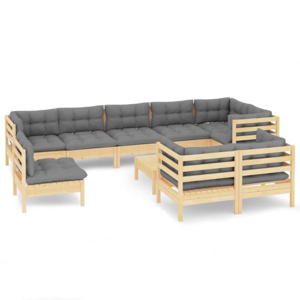 10-tlg. Garten-Lounge-Set mit Grauen Kissen Kiefer Massivholz