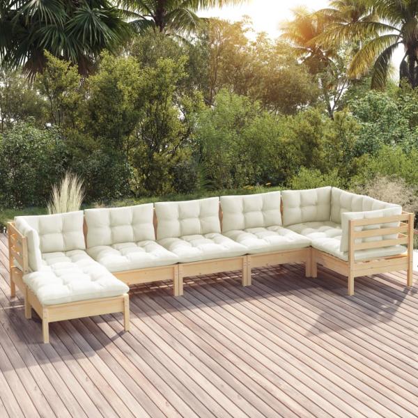 ARDEBO.de - 7-tlg. Garten-Lounge-Set mit Creme Kissen Massivholz Kiefer