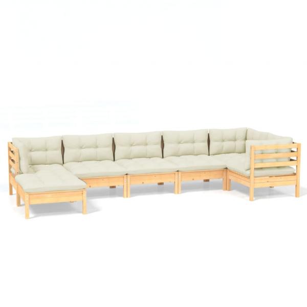 7-tlg. Garten-Lounge-Set mit Creme Kissen Massivholz Kiefer