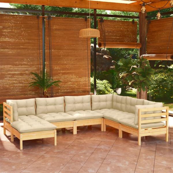 ARDEBO.de - 7-tlg. Garten-Lounge-Set mit Creme Kissen Massivholz Kiefer