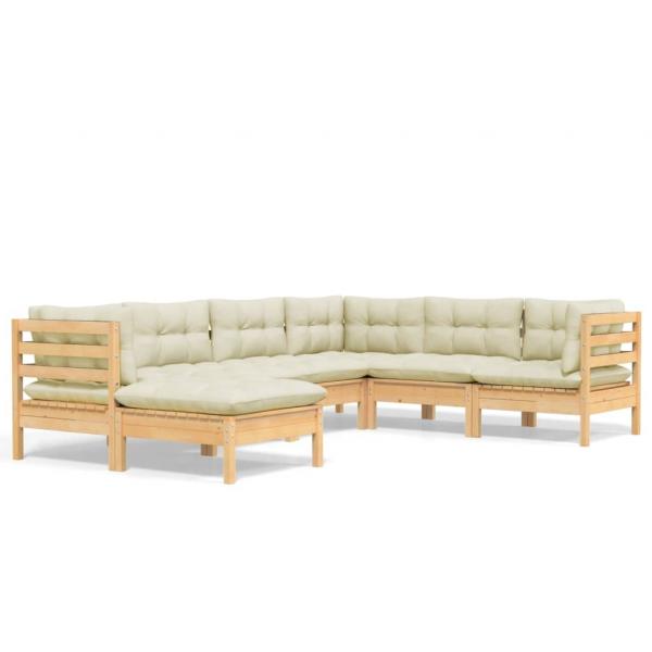 7-tlg. Garten-Lounge-Set mit Creme Kissen Massivholz Kiefer