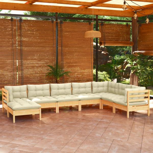 ARDEBO.de - 8-tlg. Garten-Lounge-Set mit Creme Kissen Massivholz Kiefer