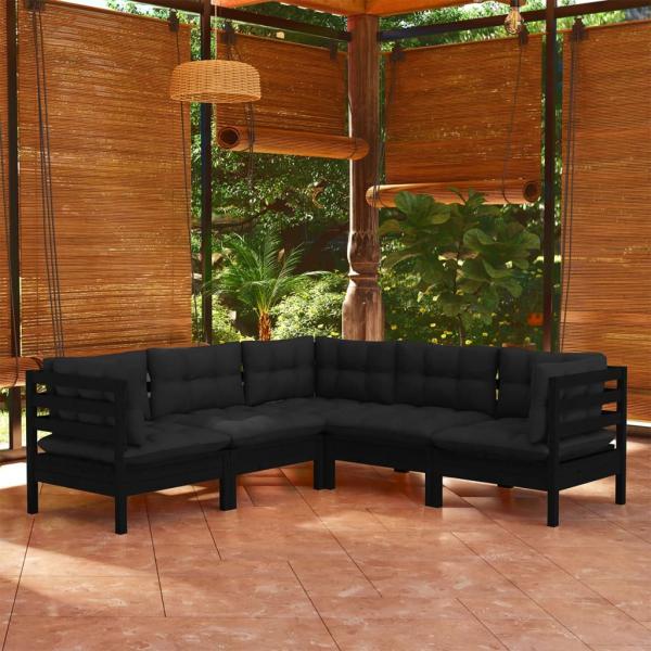 ARDEBO.de - 5-tlg. Garten-Lounge-Set mit Kissen Schwarz Kiefer Massivholz