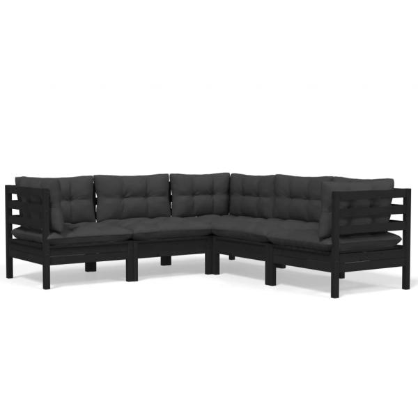 5-tlg. Garten-Lounge-Set mit Kissen Schwarz Kiefer Massivholz