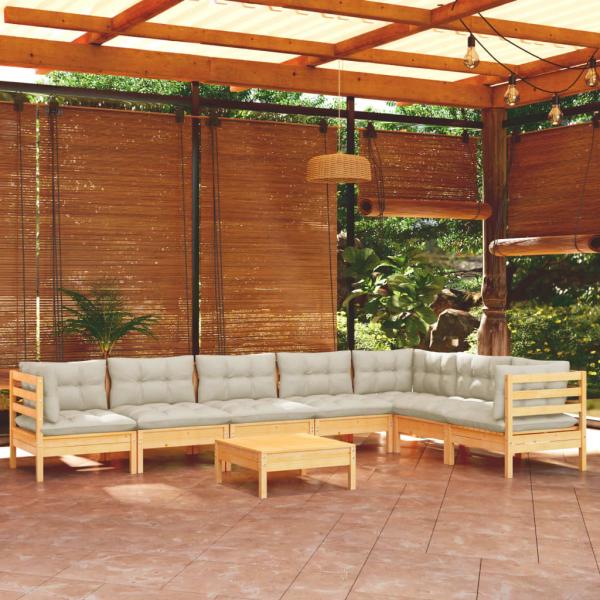 ARDEBO.de - 8-tlg. Garten-Lounge-Set mit Creme Kissen Massivholz Kiefer