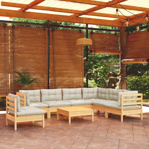 ARDEBO.de - 8-tlg. Garten-Lounge-Set mit Creme Kissen Massivholz Kiefer