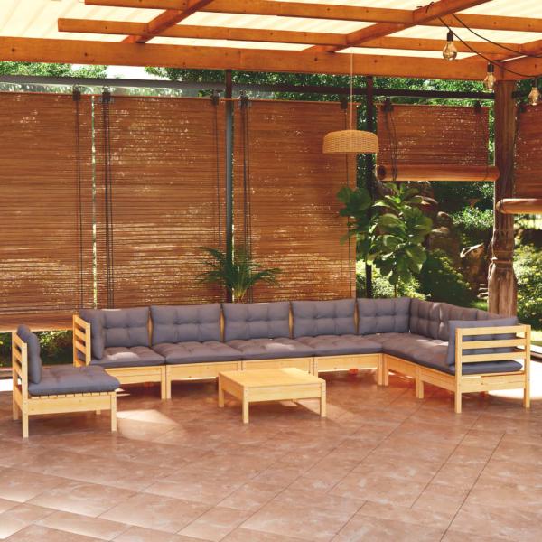 ARDEBO.de - 9-tlg. Garten-Lounge-Set mit Grauen Kissen Kiefer Massivholz