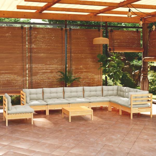 ARDEBO.de - 9-tlg. Garten-Lounge-Set mit Creme Kissen Massivholz Kiefer