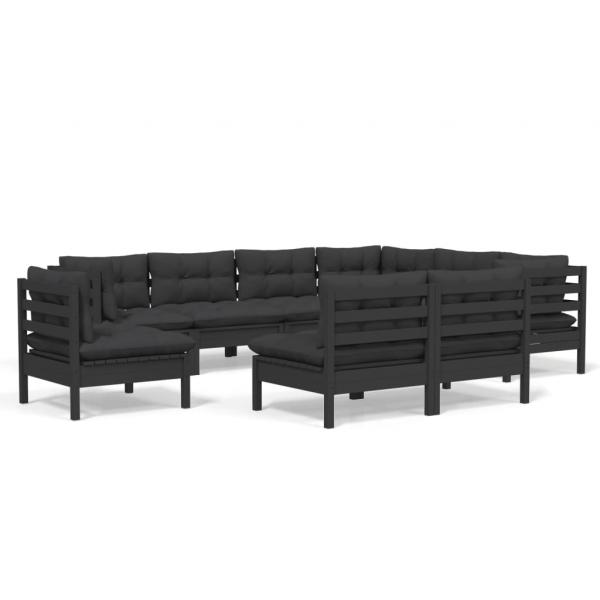 9-tlg. Garten-Lounge-Set mit Kissen Schwarz Massivholz Kiefer