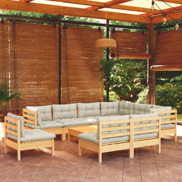 ARDEBO.de - 10-tlg. Garten-Lounge-Set mit Creme Kissen Massivholz Kiefer