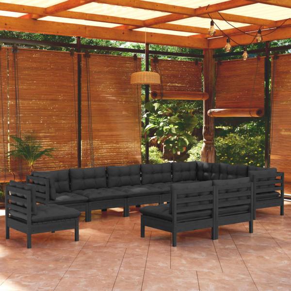 ARDEBO.de - 10-tlg. Garten-Lounge-Set mit Kissen Schwarz Massivholz Kiefer