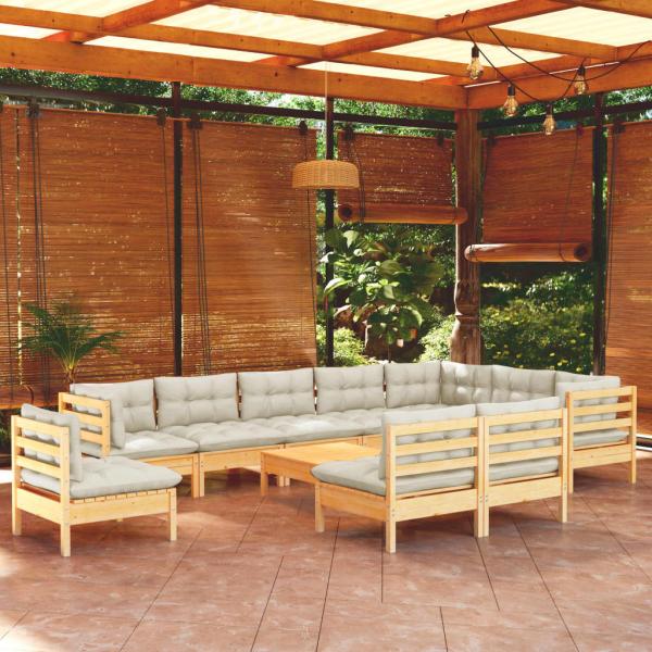 ARDEBO.de - 11-tlg. Garten-Lounge-Set mit Creme Kissen Massivholz Kiefer