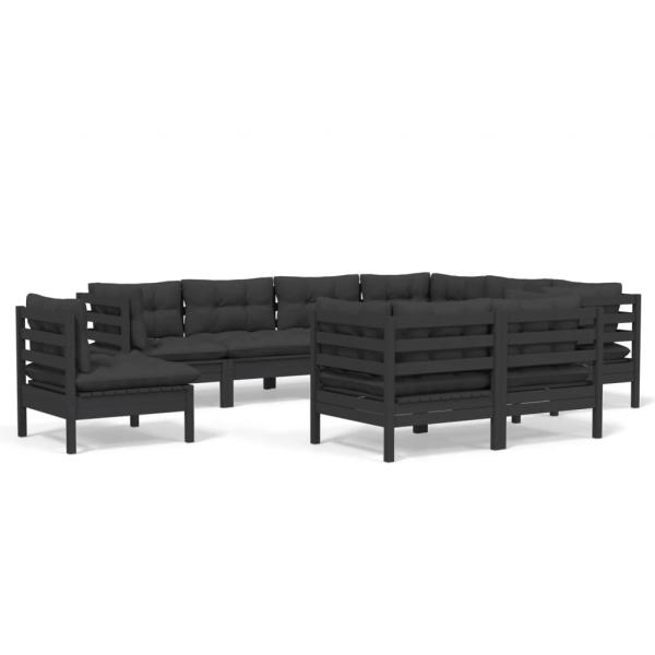 9-tlg. Garten-Lounge-Set mit Kissen Schwarz Kiefer Massivholz