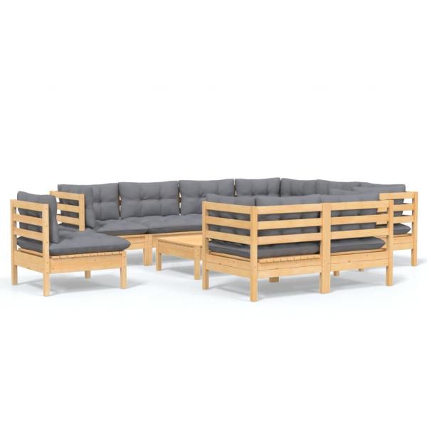 10-tlg. Garten-Lounge-Set mit Grauen Kissen Kiefer Massivholz