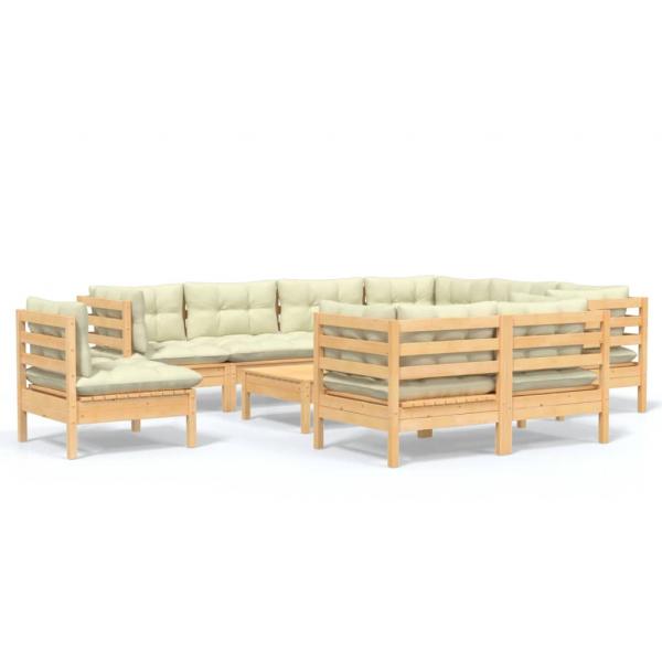 10-tlg. Garten-Lounge-Set mit Creme Kissen Massivholz Kiefer