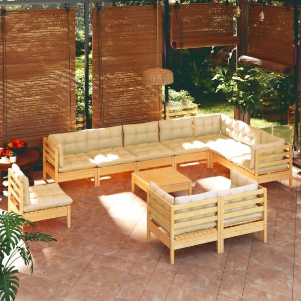 ARDEBO.de - 11-tlg. Garten-Lounge-Set mit Creme Kissen Massivholz Kiefer