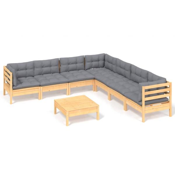 8-tlg. Garten-Lounge-Set mit Grauen Kissen Kiefer Massivholz