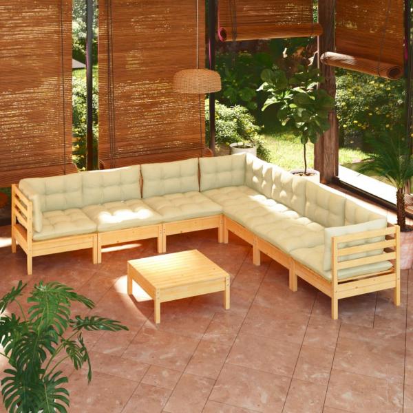 ARDEBO.de - 8-tlg. Garten-Lounge-Set mit Creme Kissen Massivholz Kiefer