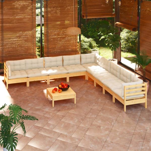 ARDEBO.de - 10-tlg. Garten-Lounge-Set mit Creme Kissen Massivholz Kiefer