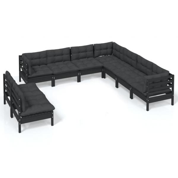 9-tlg. Garten-Lounge-Set mit Kissen Schwarz Massivholz Kiefer