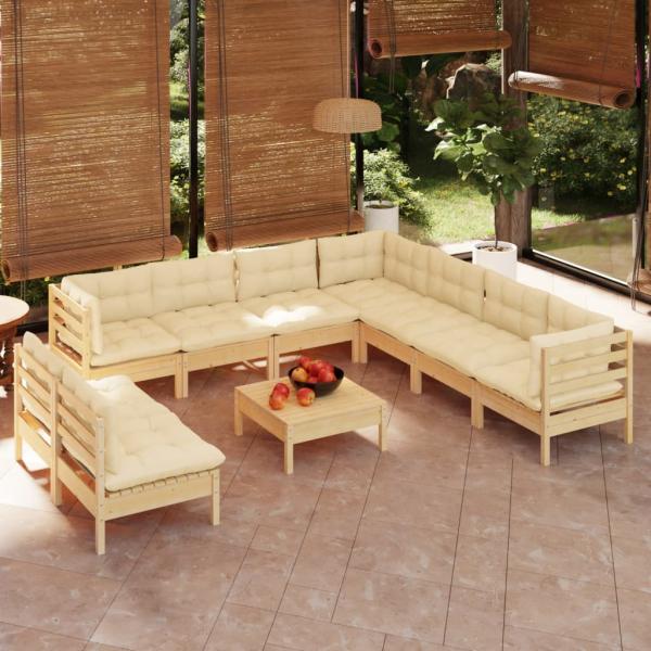 ARDEBO.de - 10-tlg. Garten-Lounge-Set mit Creme Kissen Massivholz Kiefer