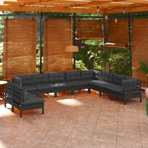 ARDEBO.de - 10-tlg. Garten-Lounge-Set mit Kissen Schwarz Massivholz Kiefer