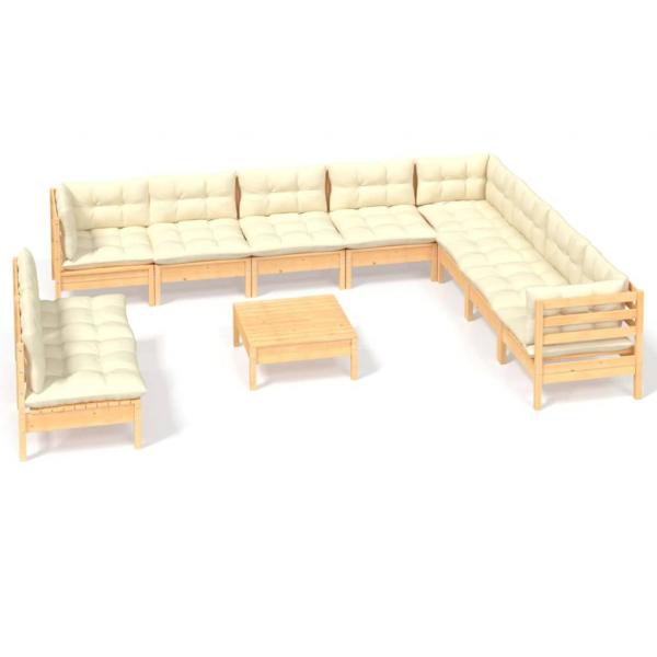 11-tlg. Garten-Lounge-Set mit Creme Kissen Massivholz Kiefer