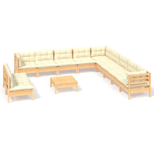 12-tlg. Garten-Lounge-Set mit Creme Kissen Massivholz Kiefer