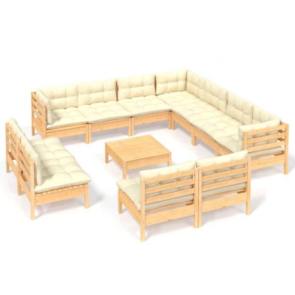 12-tlg. Garten-Lounge-Set mit Creme Kissen Massivholz Kiefer