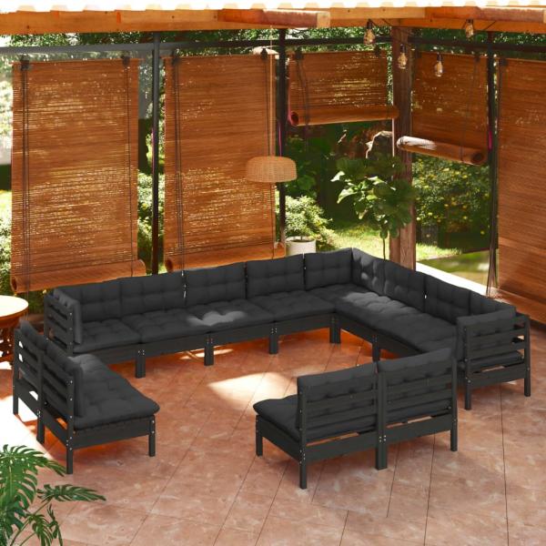 ARDEBO.de - 12-tlg. Garten-Lounge-Set mit Kissen Schwarz Massivholz Kiefer