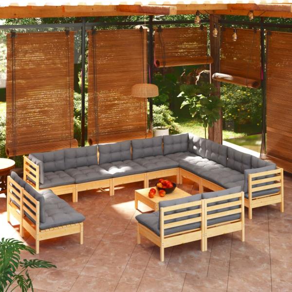 ARDEBO.de - 13-tlg. Garten-Lounge-Set mit Grauen Kissen Massivholz Kiefer