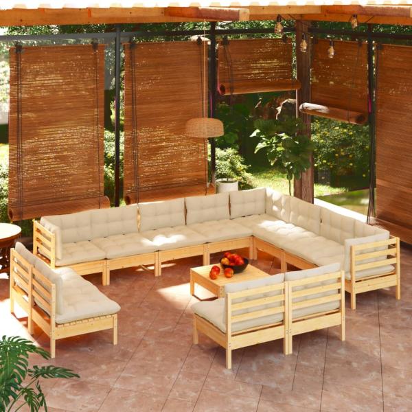 ARDEBO.de - 13-tlg. Garten-Lounge-Set mit Creme Kissen Massivholz Kiefer