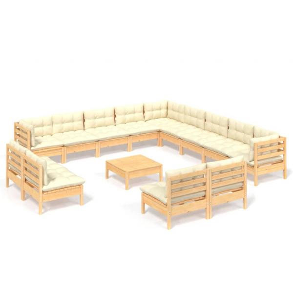 14-tlg. Garten-Lounge-Set mit Creme Kissen Massivholz Kiefer