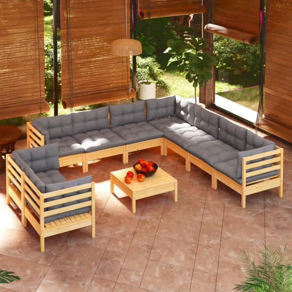 ARDEBO.de - 10-tlg. Garten-Lounge-Set mit Grauen Kissen Massivholz Kiefer