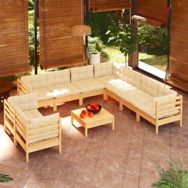 ARDEBO.de - 10-tlg. Garten-Lounge-Set mit Creme Kissen Massivholz Kiefer