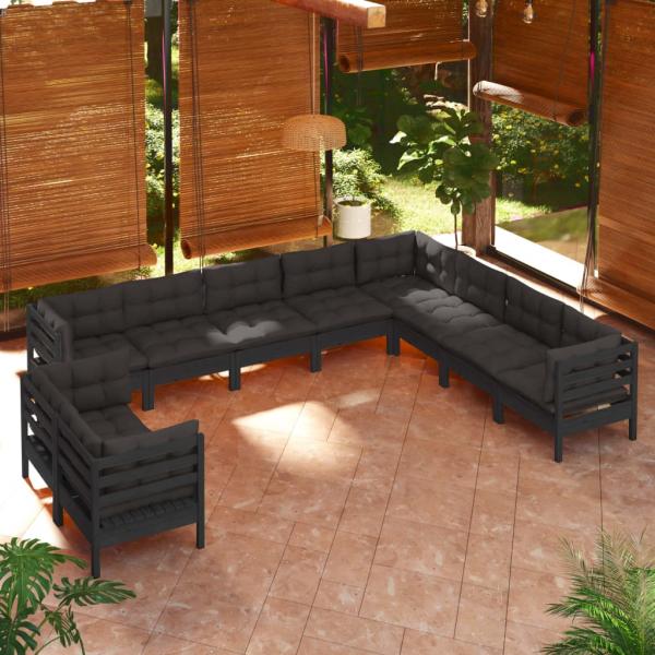 ARDEBO.de - 10-tlg. Garten-Lounge-Set mit Kissen Schwarz Massivholz Kiefer