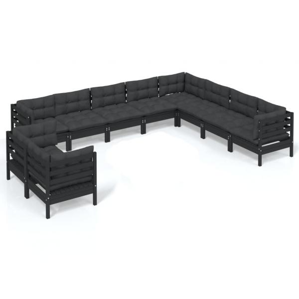 10-tlg. Garten-Lounge-Set mit Kissen Schwarz Massivholz Kiefer