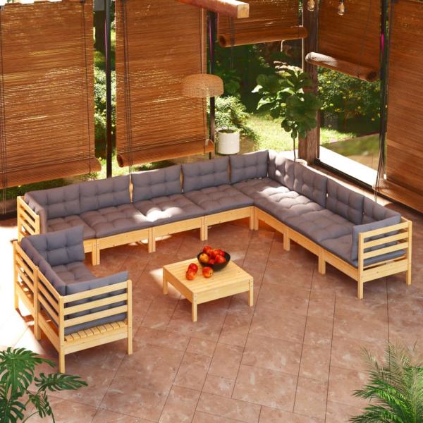 ARDEBO.de - 11-tlg. Garten-Lounge-Set mit Grauen Kissen Massivholz Kiefer