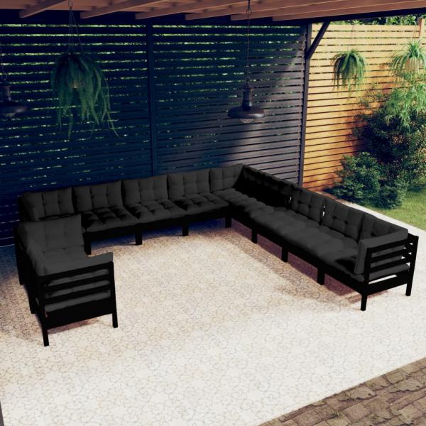 ARDEBO.de - 11-tlg. Garten-Lounge-Set mit Kissen Schwarz Massivholz Kiefer